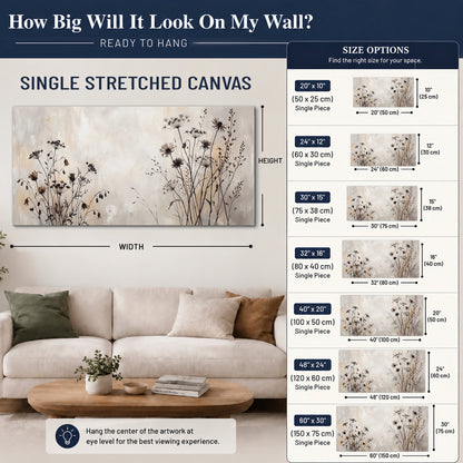 Fine dark wildflower stems and seed heads against soft beige single canvas wall art size guide above a sofa; room view is illustrative