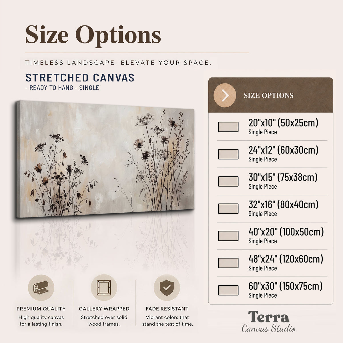 Fine dark wildflower stems and seed heads against soft beige single canvas wall art available dimensions