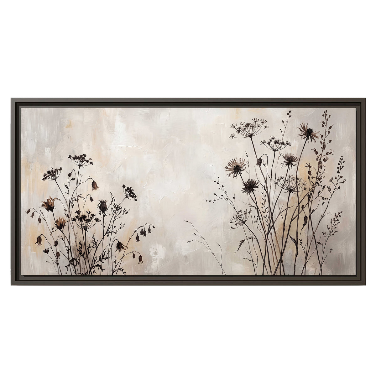 Fine dark wildflower stems and seed heads against soft beige single framed canvas wall art viewed straight on