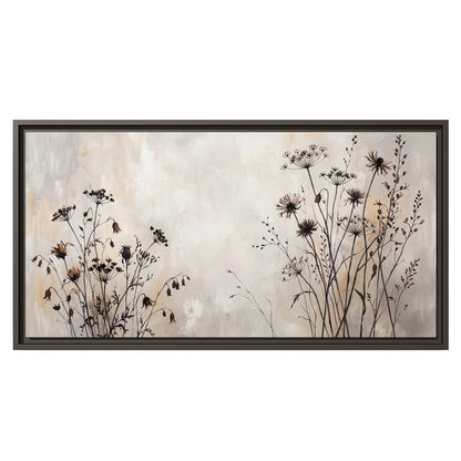 Fine dark wildflower stems and seed heads against soft beige single framed canvas wall art viewed straight on