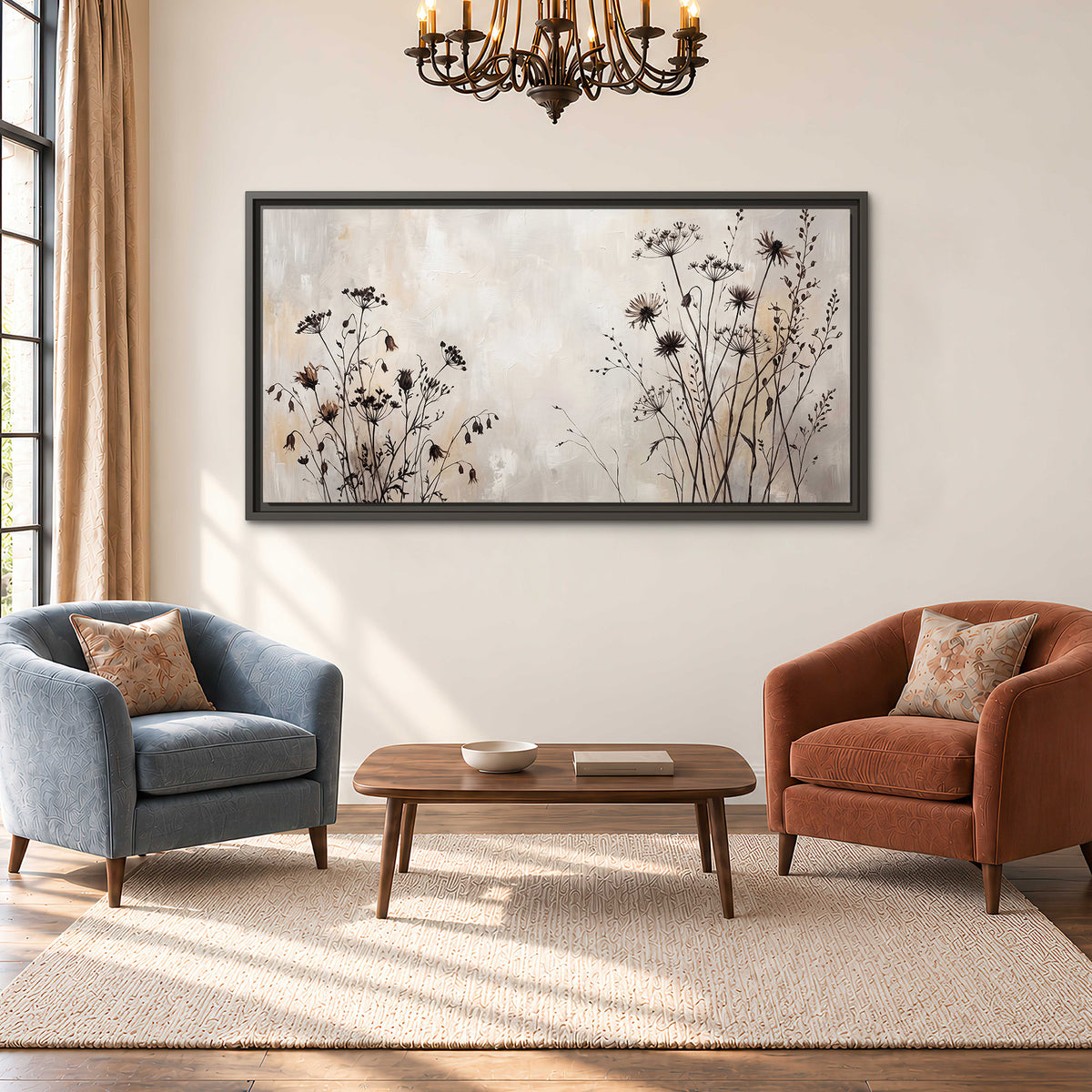 Fine dark wildflower stems and seed heads against soft beige single framed canvas wall art styled in an interior
