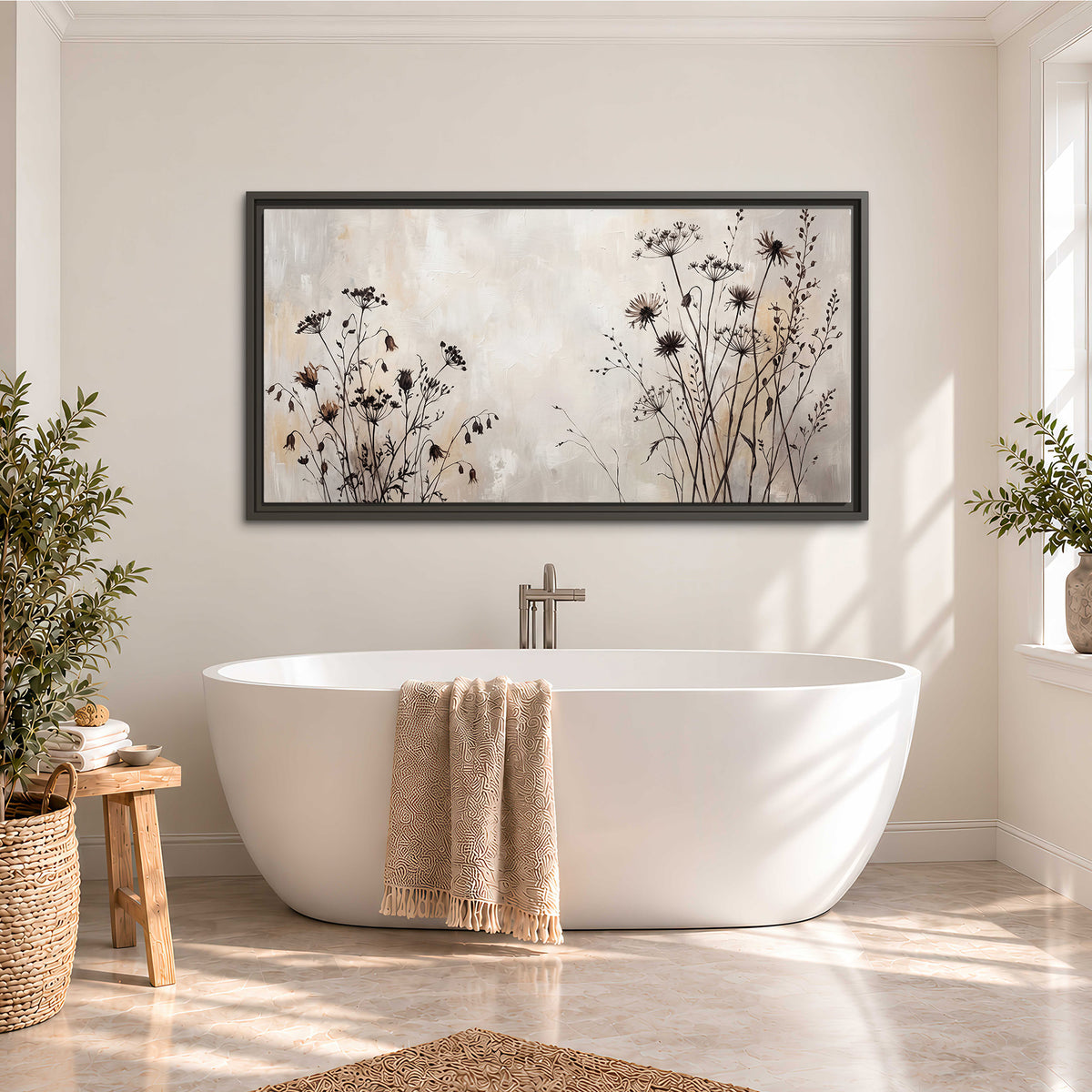 Fine dark wildflower stems and seed heads against soft beige single framed canvas wall art styled in an interior