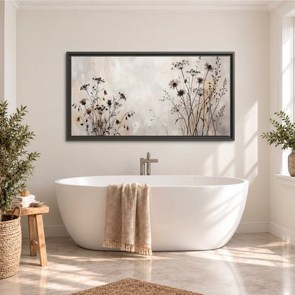 Fine dark wildflower stems and seed heads against soft beige single framed canvas wall art styled in an interior