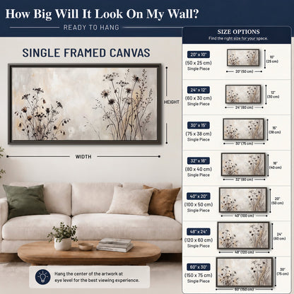 Fine dark wildflower stems and seed heads against soft beige single framed canvas wall art size guide above a sofa; room view is illustrative