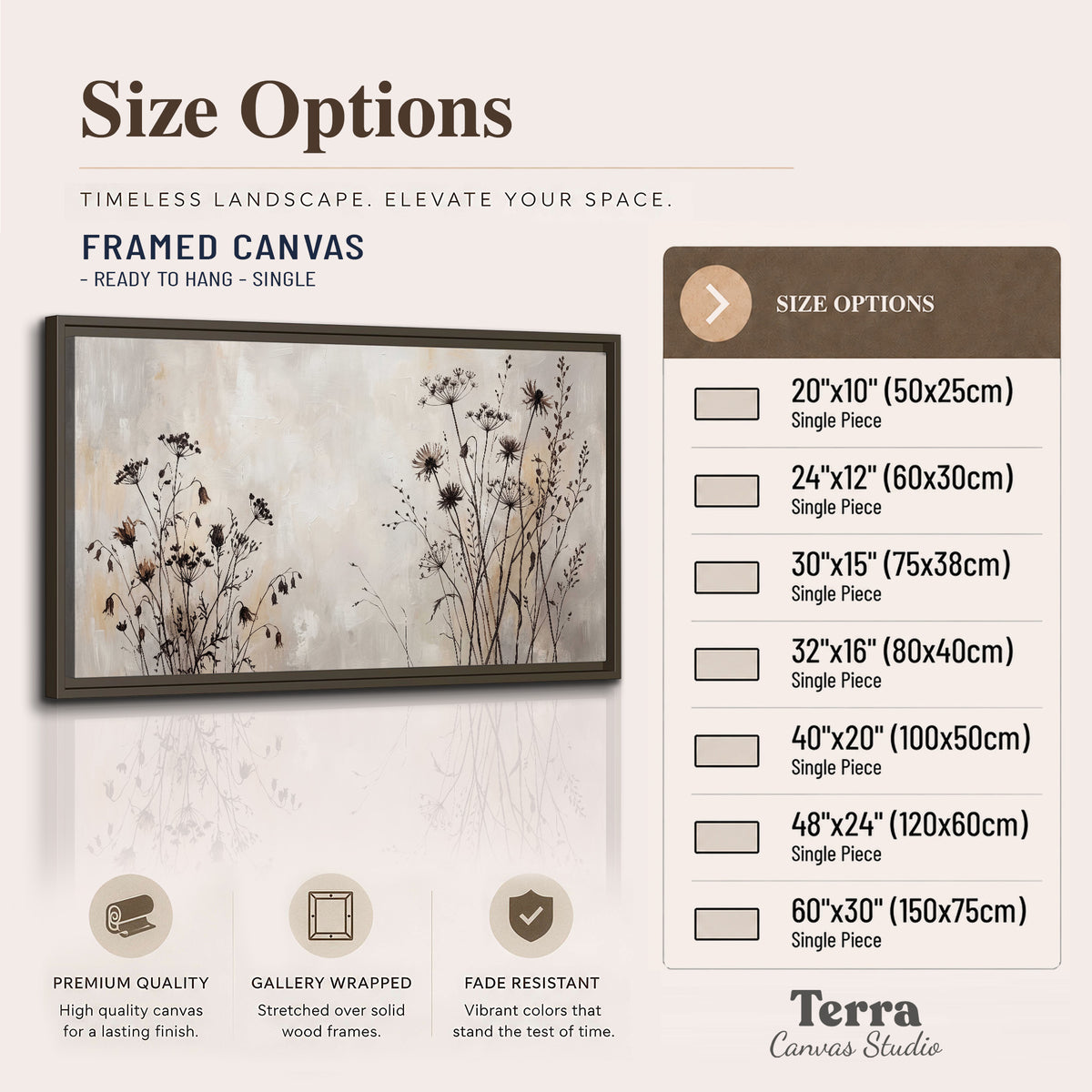 Fine dark wildflower stems and seed heads against soft beige single framed canvas wall art available dimensions