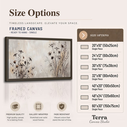 Fine dark wildflower stems and seed heads against soft beige single framed canvas wall art available dimensions