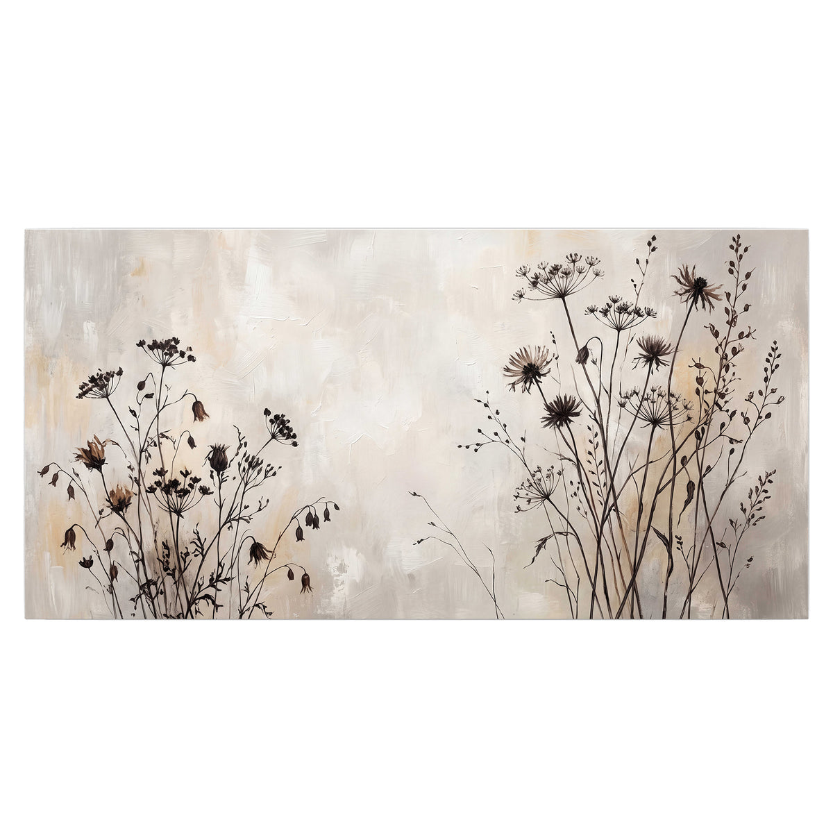 Fine dark wildflower stems and seed heads against soft beige single poster print viewed straight on