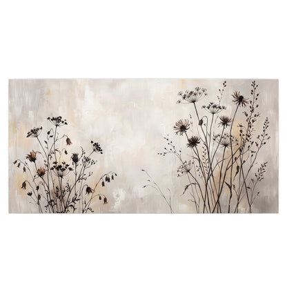 Fine dark wildflower stems and seed heads against soft beige single poster print viewed straight on