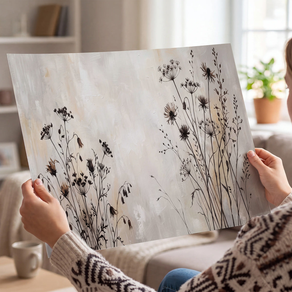 Fine dark wildflower stems and seed heads against soft beige single poster print held in hands