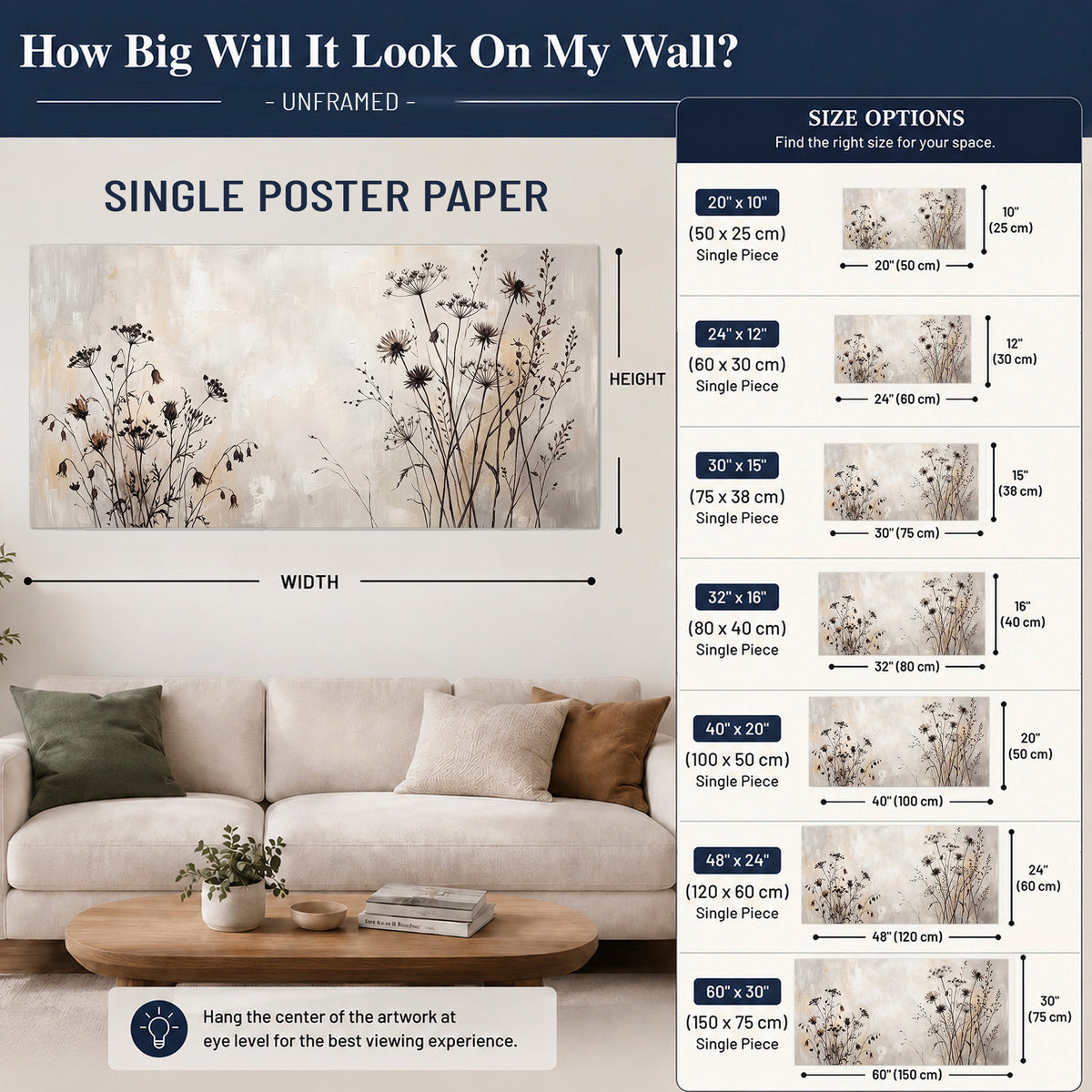 Fine dark wildflower stems and seed heads against soft beige single poster print size guide above a sofa; room view is illustrative