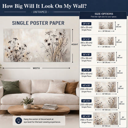 Fine dark wildflower stems and seed heads against soft beige single poster print size guide above a sofa; room view is illustrative