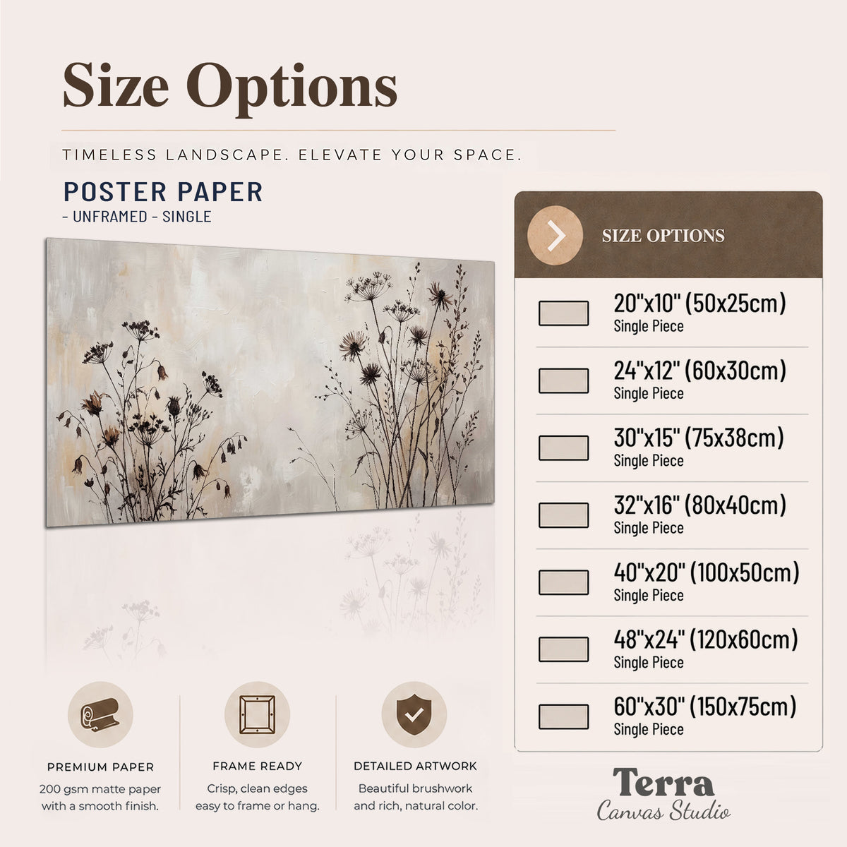 Fine dark wildflower stems and seed heads against soft beige single poster print available dimensions