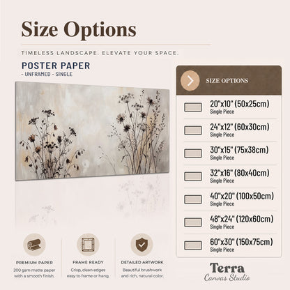 Fine dark wildflower stems and seed heads against soft beige single poster print available dimensions