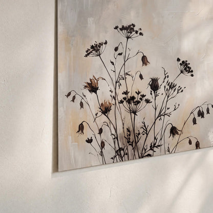 Fine dark wildflower stems and seed heads against soft beige set of 3 poster prints material and edge close up