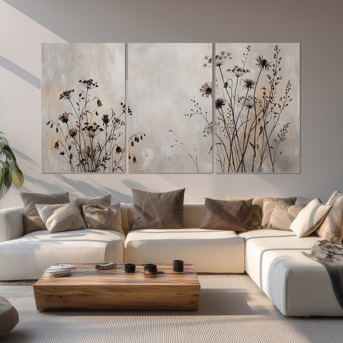 Fine dark wildflower stems and seed heads against soft beige set of 3 poster prints displayed in a living room
