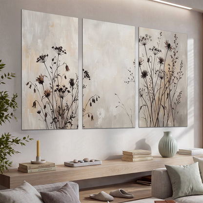 Fine dark wildflower stems and seed heads against soft beige set of 3 poster prints displayed in a console