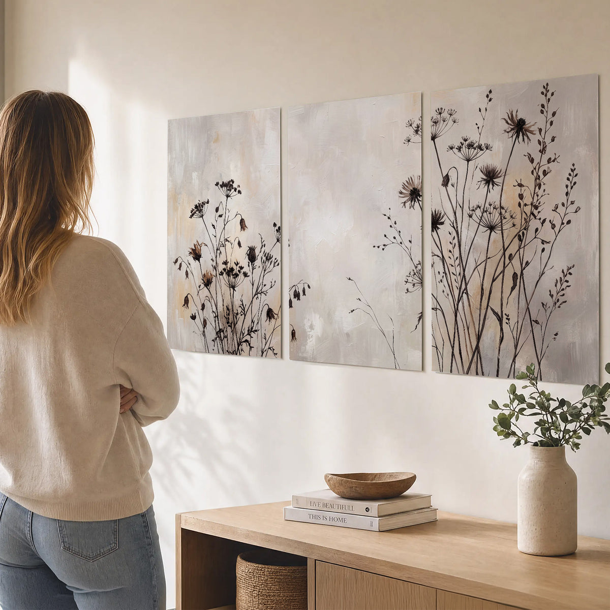 Fine dark wildflower stems and seed heads against soft beige set of 3 poster prints three panel arrangement on a wall