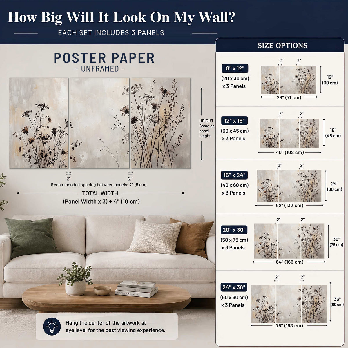 Fine dark wildflower stems and seed heads against soft beige set of 3 poster prints size guide above a sofa; room view is illustrative