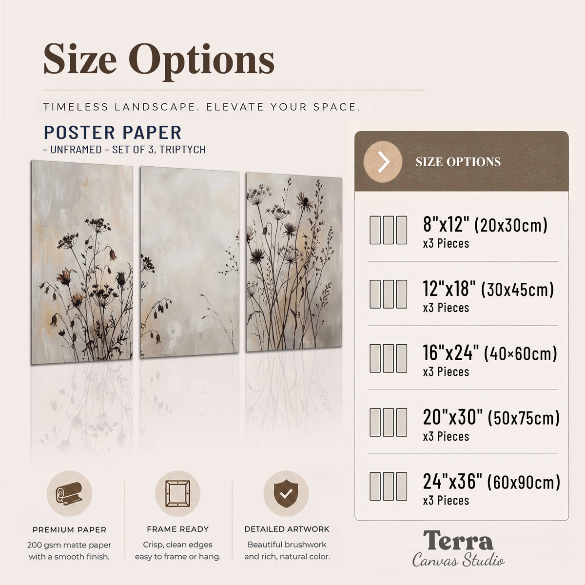 Fine dark wildflower stems and seed heads against soft beige set of 3 poster prints available dimensions; triptych dimensions are per panel