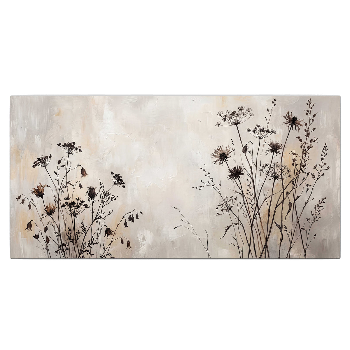 Fine dark wildflower stems and seed heads against soft beige single canvas wall art viewed straight on