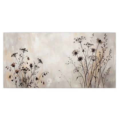 Fine dark wildflower stems and seed heads against soft beige single canvas wall art viewed straight on