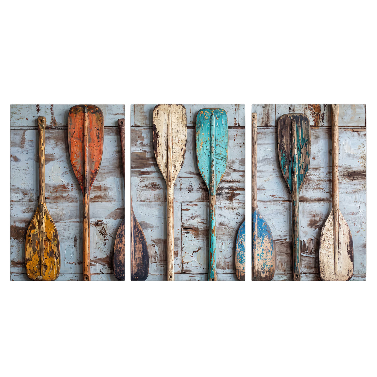 A row of colorful weathered wooden oars against pale blue boards 3 piece canvas wall art viewed straight on