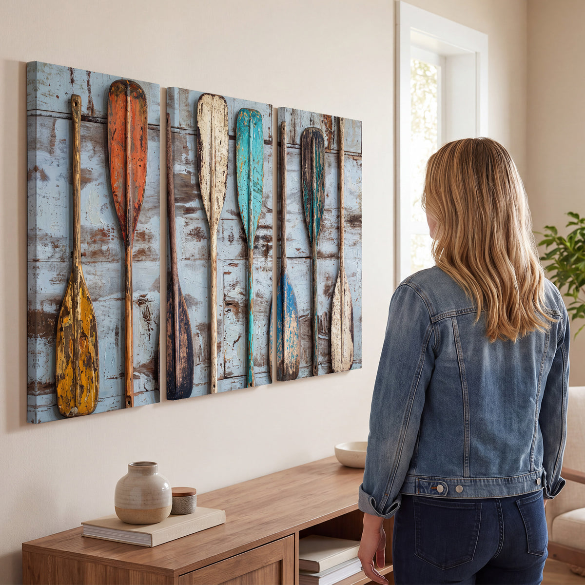 A row of colorful weathered wooden oars against pale blue boards 3 piece canvas wall art three panel arrangement on a wall