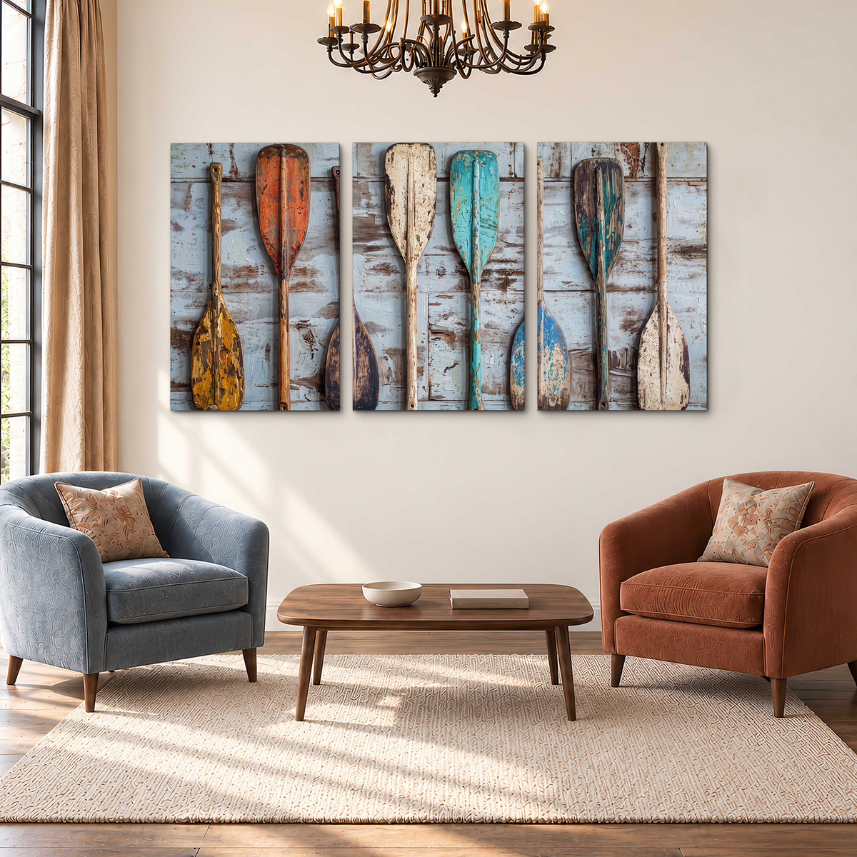 A row of colorful weathered wooden oars against pale blue boards 3 piece canvas wall art styled in an interior