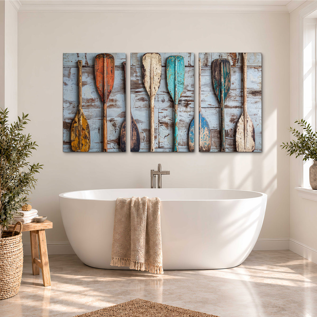 A row of colorful weathered wooden oars against pale blue boards 3 piece canvas wall art styled in an interior