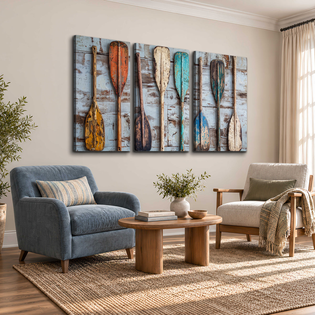 A row of colorful weathered wooden oars against pale blue boards 3 piece canvas wall art styled in an interior
