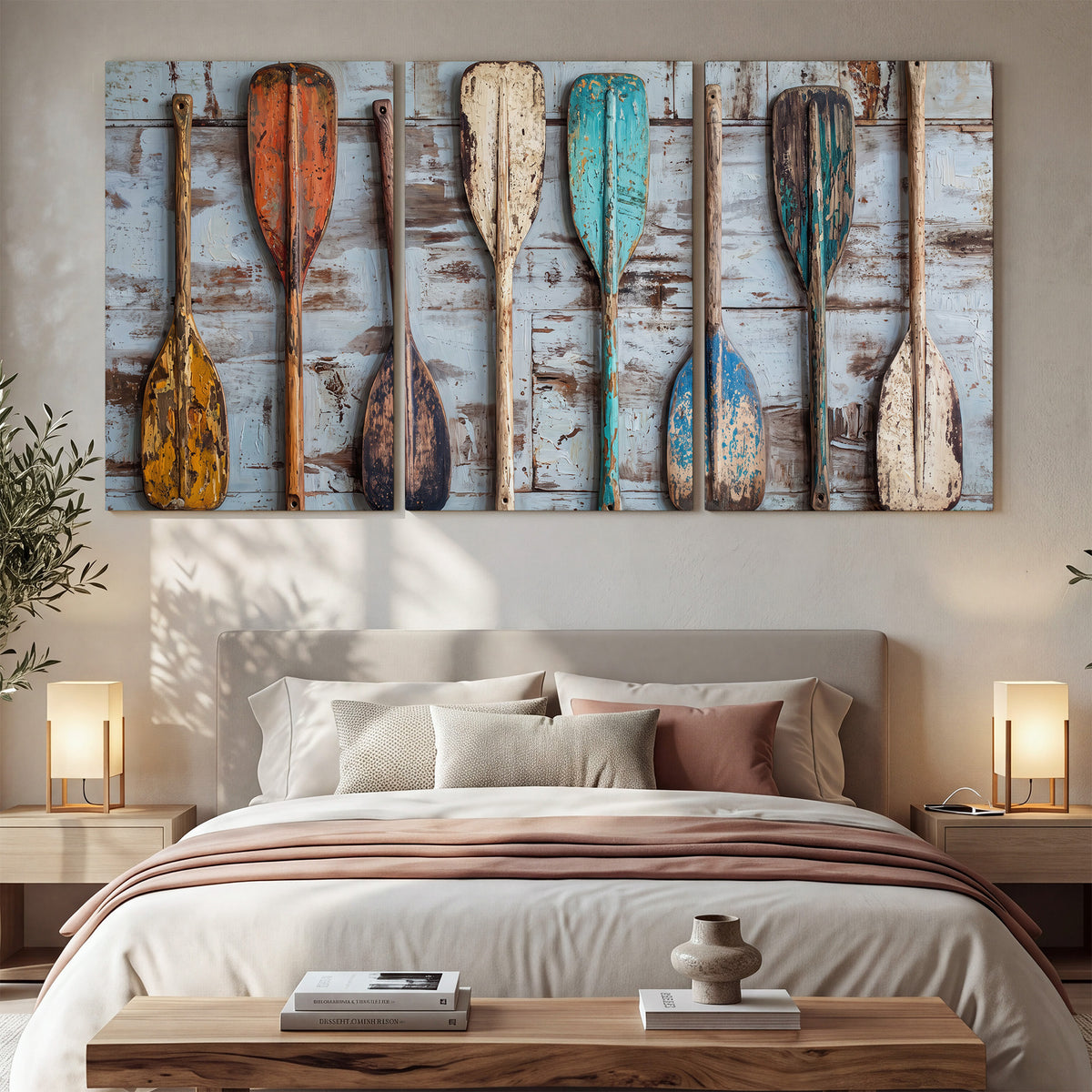 A row of colorful weathered wooden oars against pale blue boards 3 piece canvas wall art displayed in a bedroom