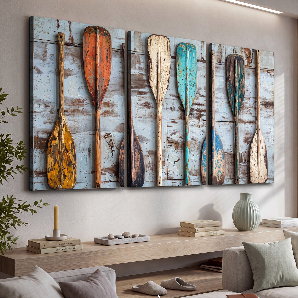 A row of colorful weathered wooden oars against pale blue boards 3 piece canvas wall art displayed in a console
