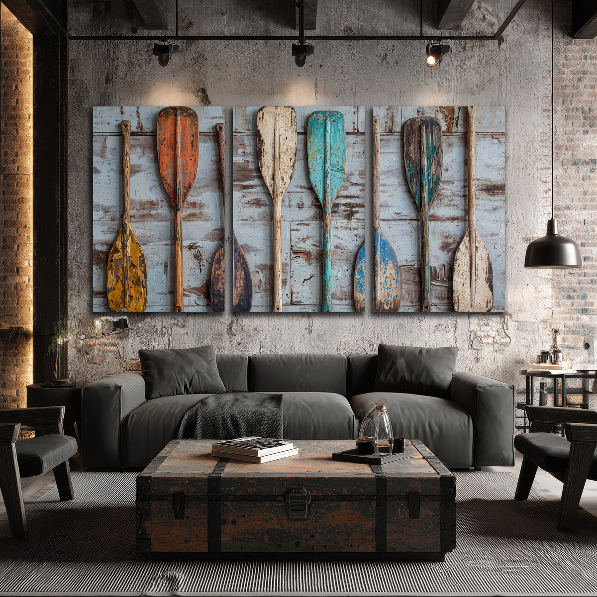 A row of colorful weathered wooden oars against pale blue boards 3 piece canvas wall art displayed in a industrial room