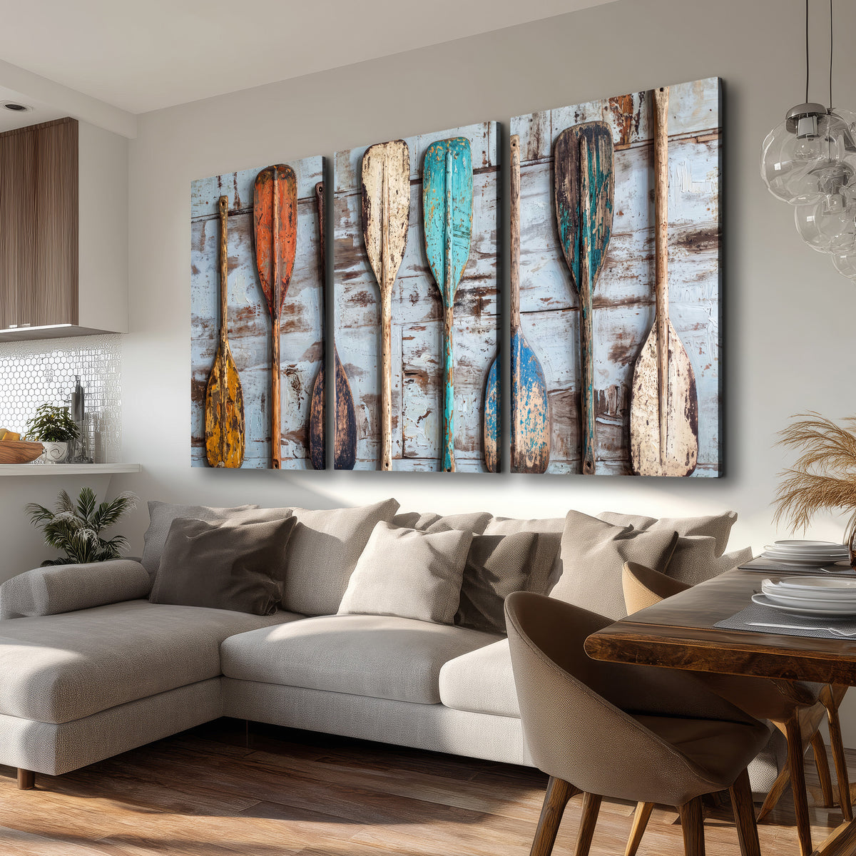A row of colorful weathered wooden oars against pale blue boards 3 piece canvas wall art room and product view