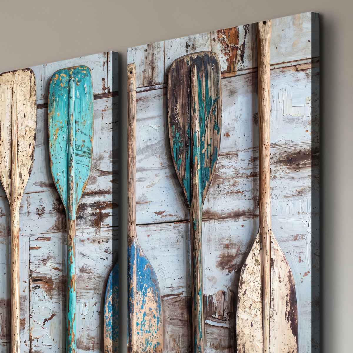 A row of colorful weathered wooden oars against pale blue boards 3 piece canvas wall art room and product view