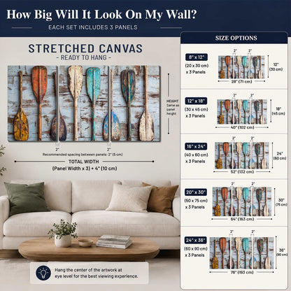 A row of colorful weathered wooden oars against pale blue boards 3 piece canvas wall art size guide above a sofa; room view is illustrative