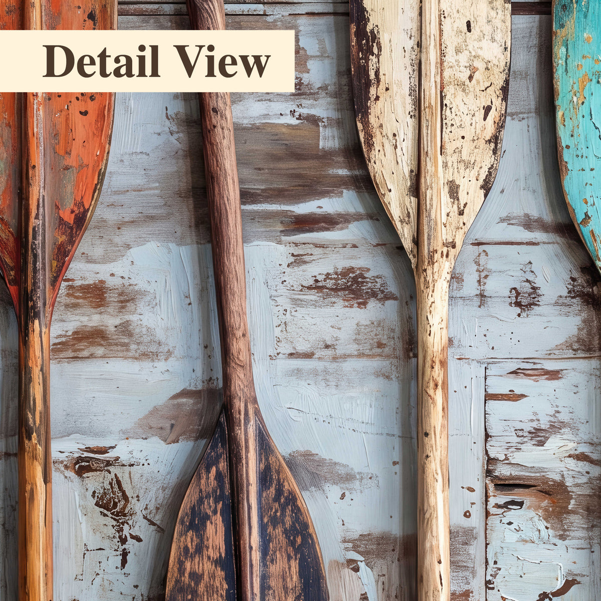 A row of colorful weathered wooden oars against pale blue boards 3 piece canvas wall art artwork detail close up