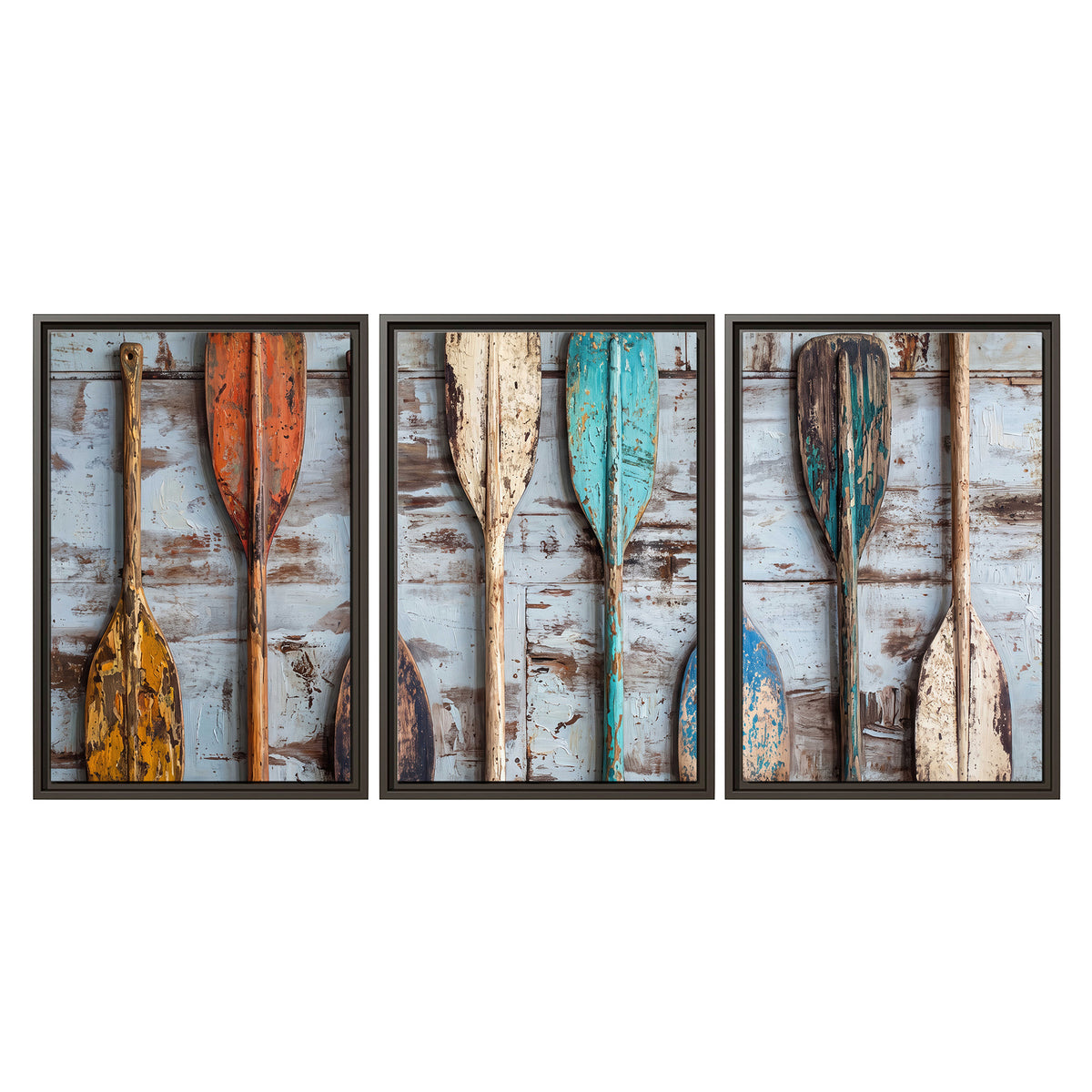 A row of colorful weathered wooden oars against pale blue boards 3 piece framed canvas wall art viewed straight on