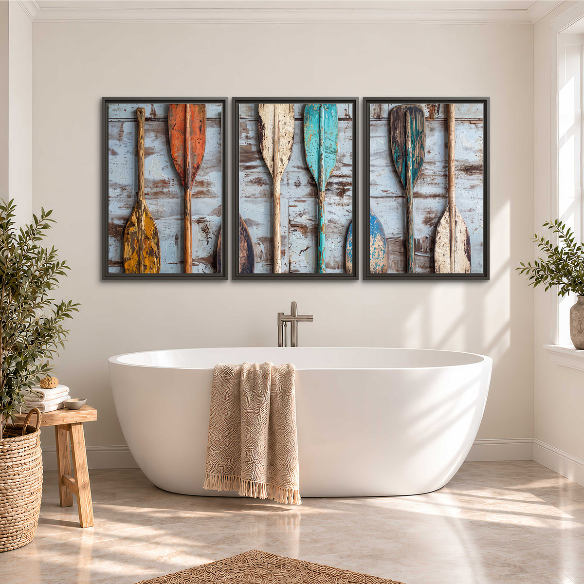 A row of colorful weathered wooden oars against pale blue boards 3 piece framed canvas wall art styled in an interior