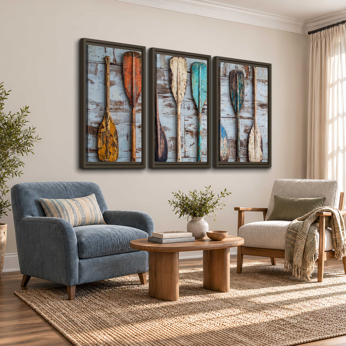 A row of colorful weathered wooden oars against pale blue boards 3 piece framed canvas wall art styled in an interior