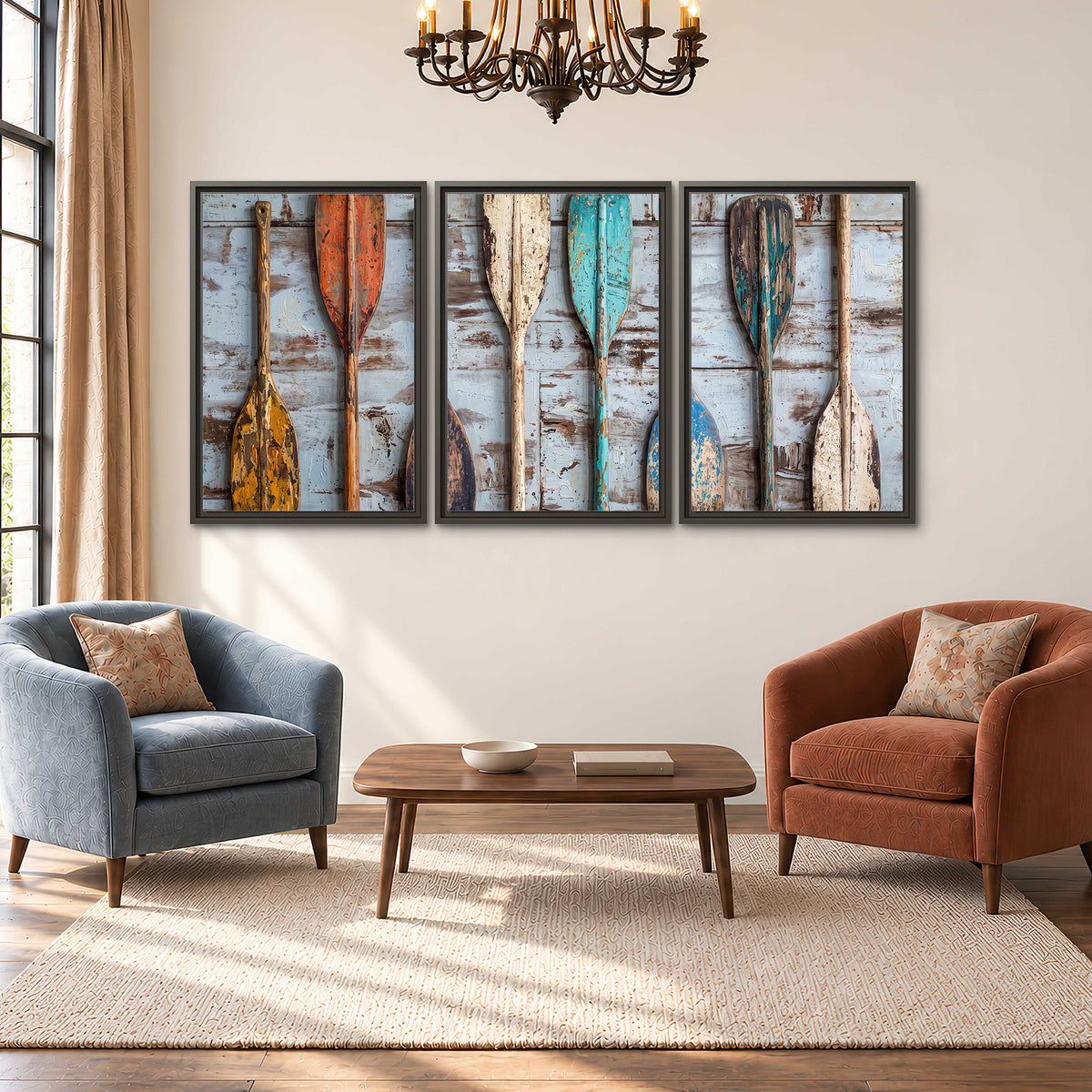 A row of colorful weathered wooden oars against pale blue boards 3 piece framed canvas wall art styled in an interior