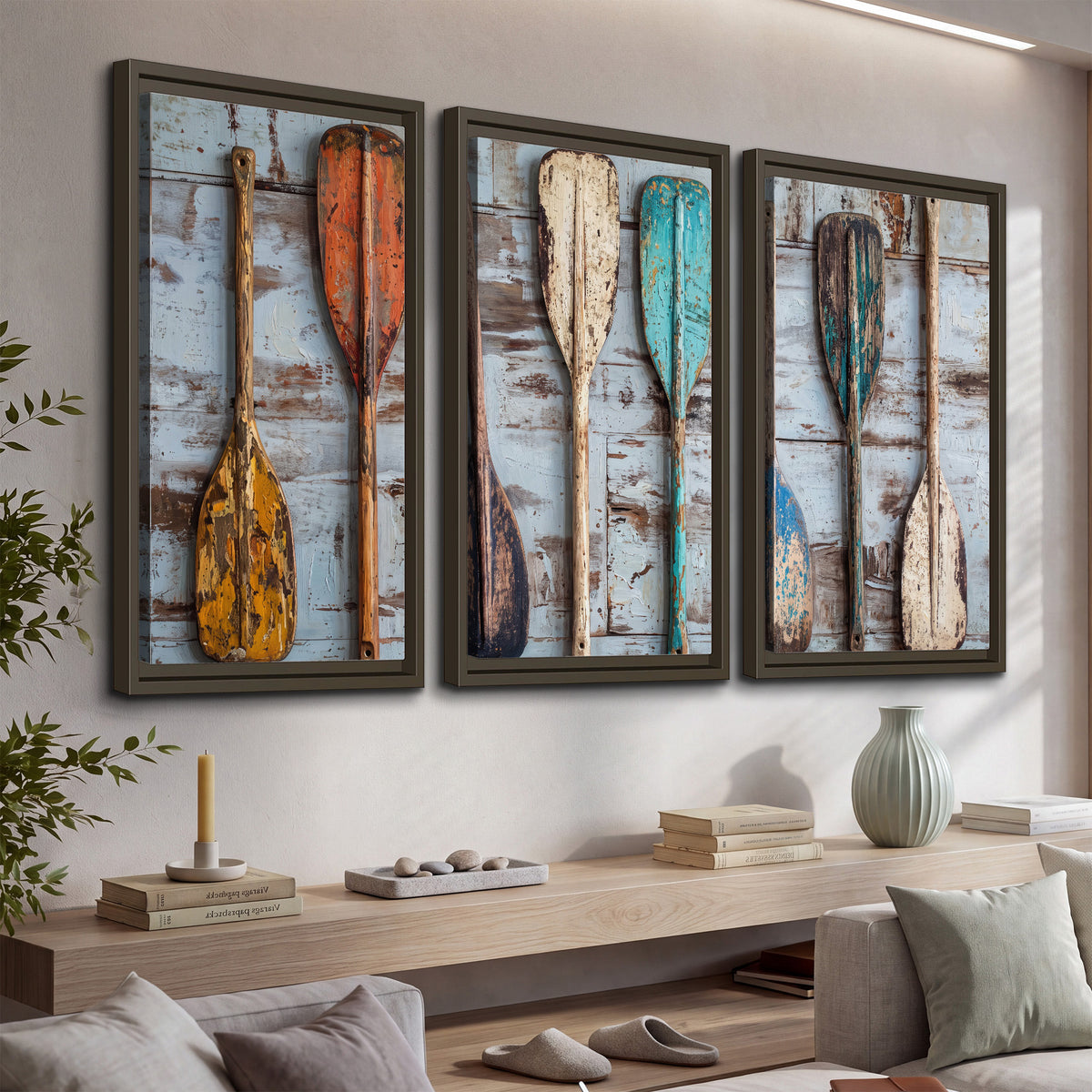 A row of colorful weathered wooden oars against pale blue boards 3 piece framed canvas wall art displayed in a console