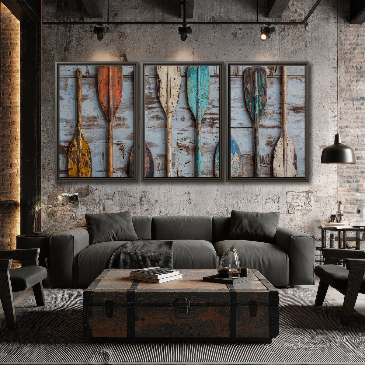 A row of colorful weathered wooden oars against pale blue boards 3 piece framed canvas wall art displayed in a industrial room