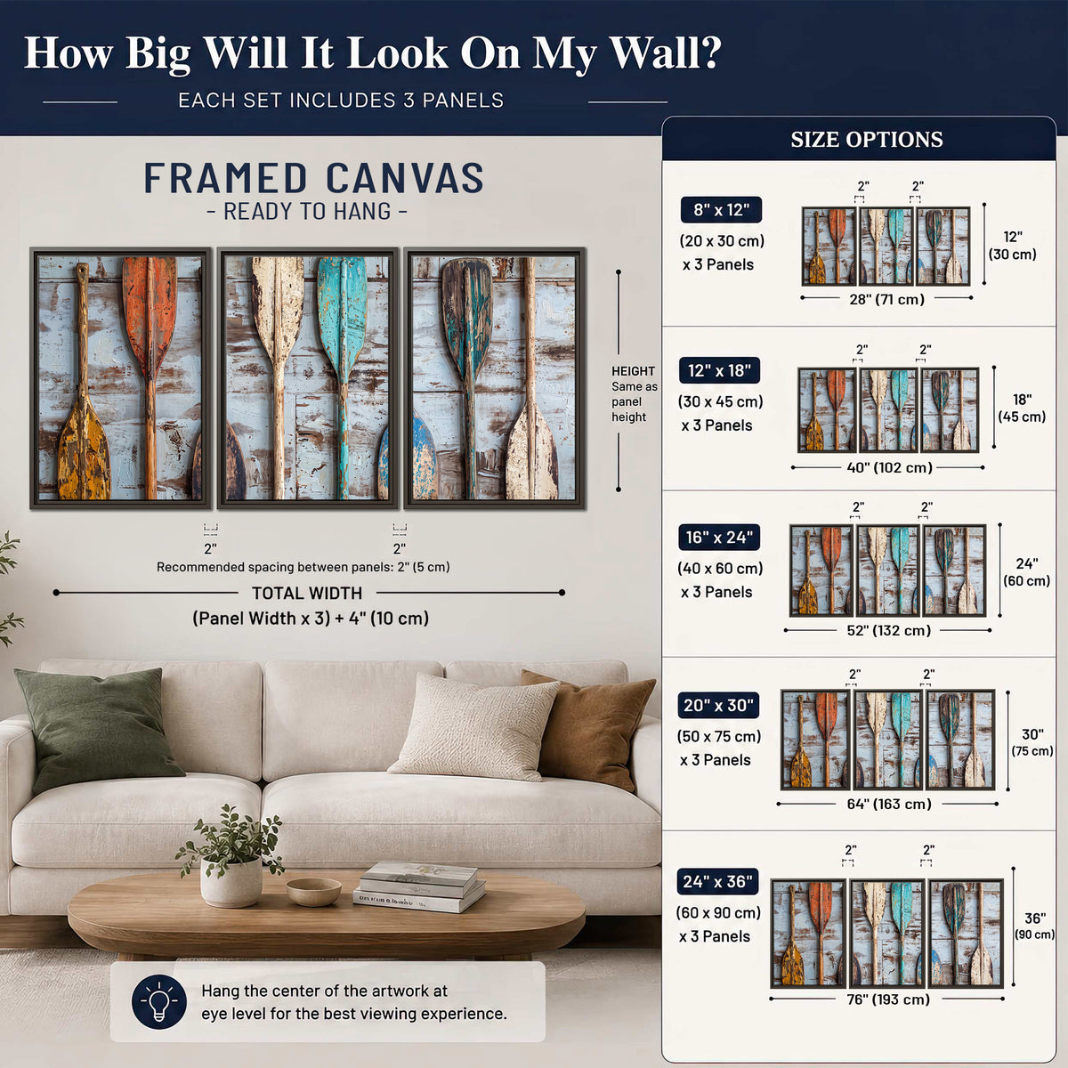 A row of colorful weathered wooden oars against pale blue boards 3 piece framed canvas wall art size guide above a sofa; room view is illustrative