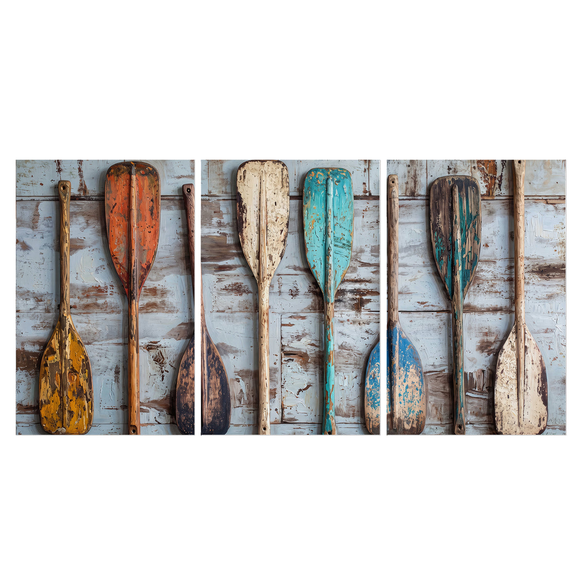 A row of colorful weathered wooden oars against pale blue boards set of 3 poster prints viewed straight on