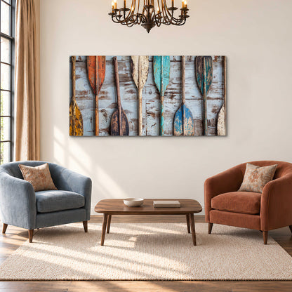 A row of colorful weathered wooden oars against pale blue boards single canvas wall art styled in an interior