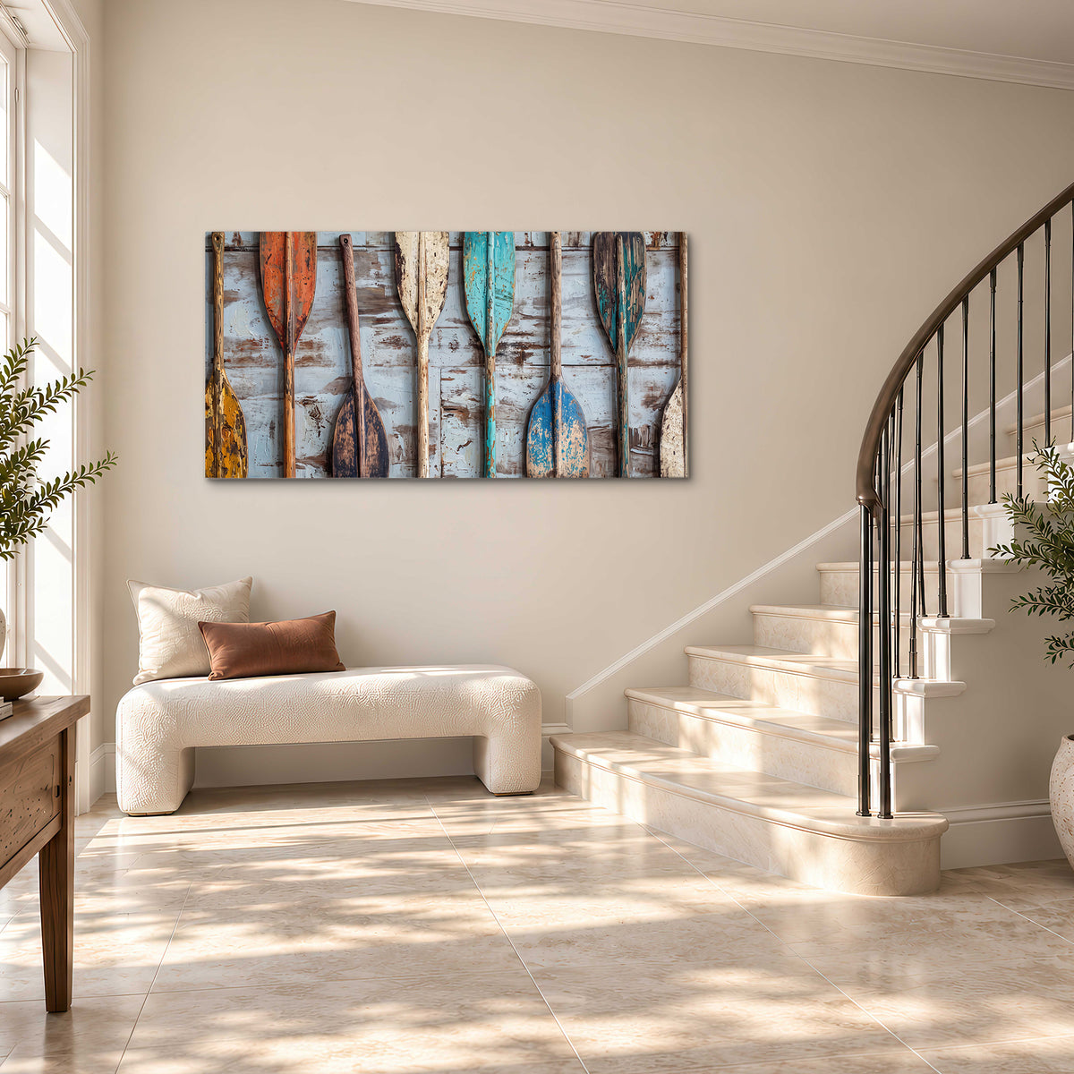 A row of colorful weathered wooden oars against pale blue boards single canvas wall art styled in an interior