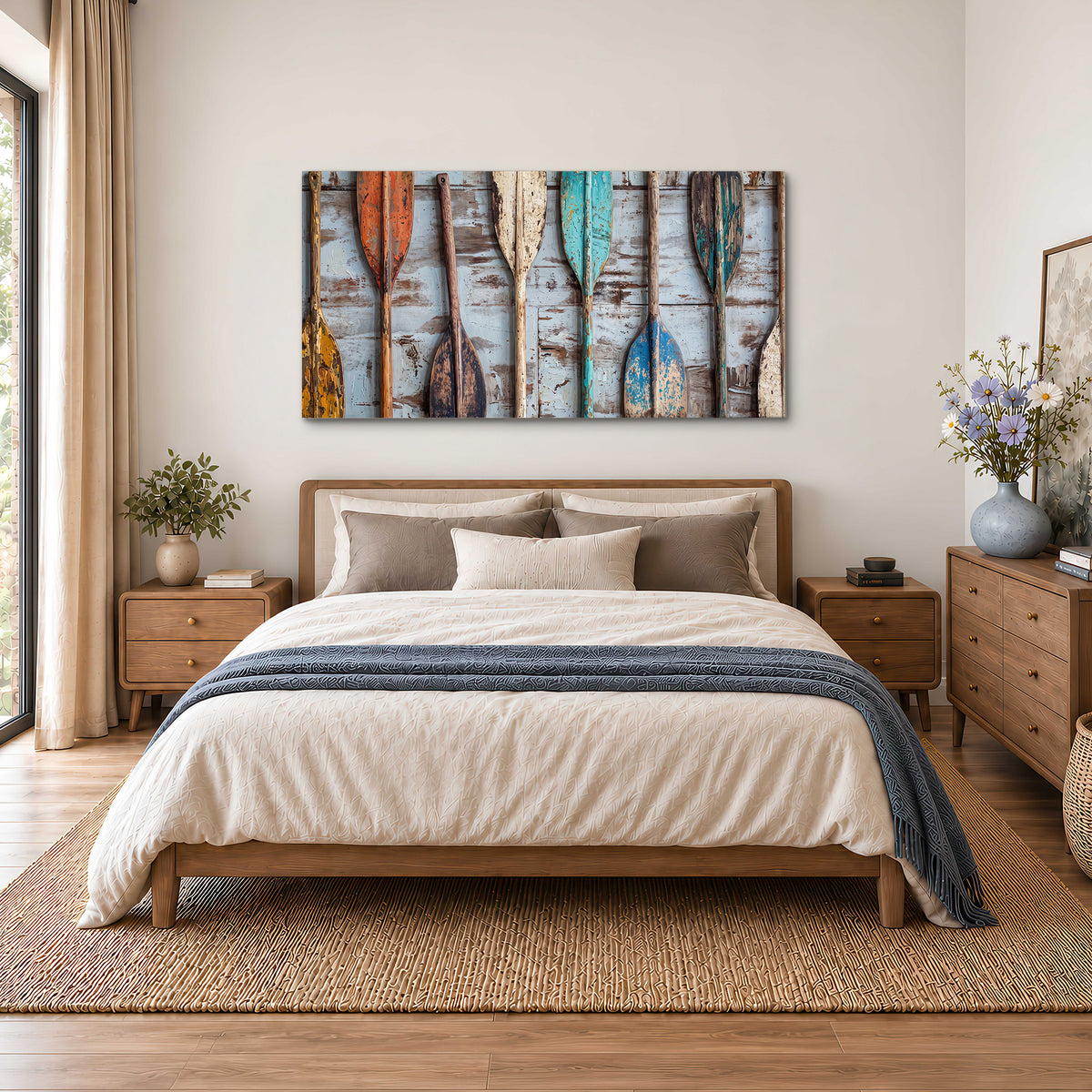 A row of colorful weathered wooden oars against pale blue boards single canvas wall art styled in an interior