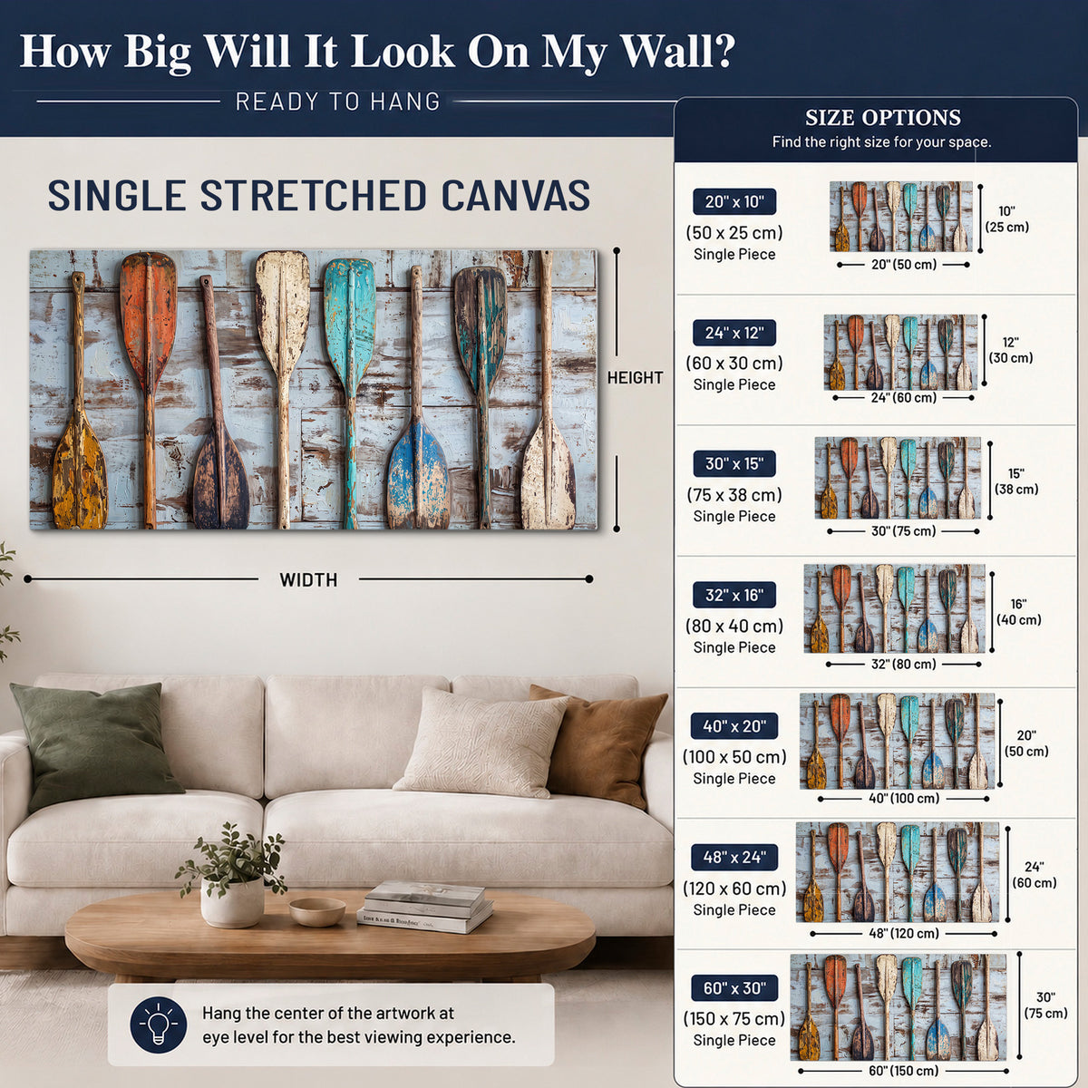 A row of colorful weathered wooden oars against pale blue boards single canvas wall art size guide above a sofa; room view is illustrative