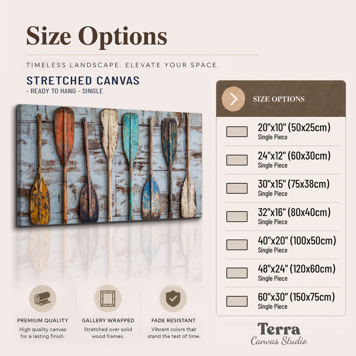 A row of colorful weathered wooden oars against pale blue boards single canvas wall art available dimensions